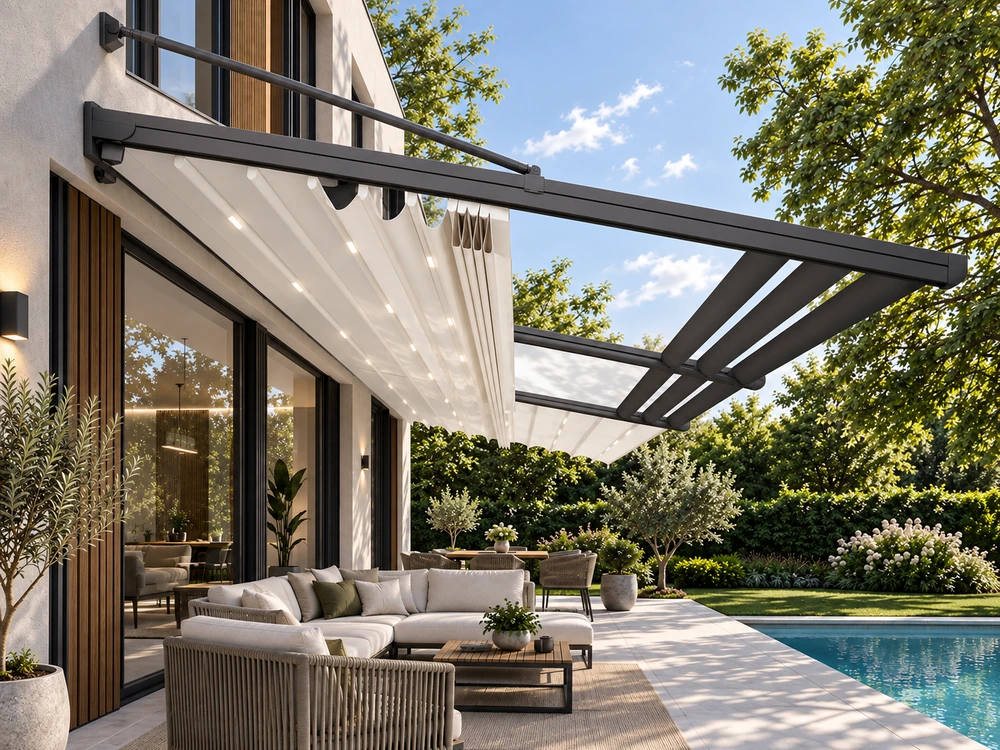 подвесная пергола с открытым тентом (перголы со сдвижным тентом)